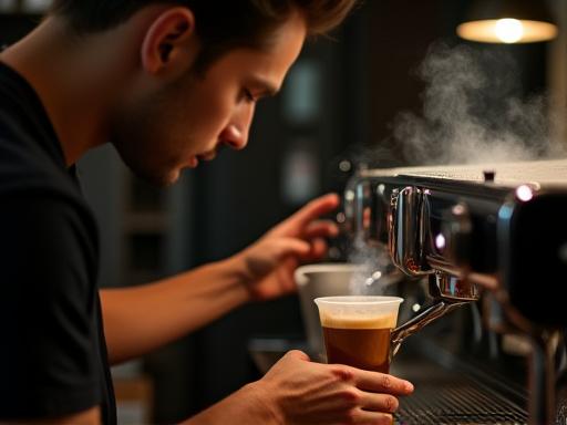 En barista som konsentrert lager en kaffe.