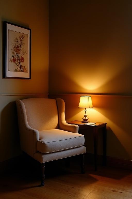 Et koselig hjørne av kafeen med en komfortabel stol og en liten lampe.